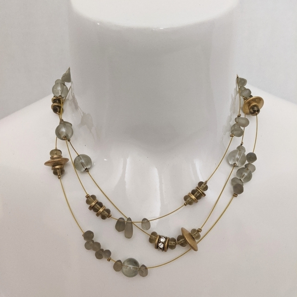 Chico's Triple Strand Antique Gold Tone Beaded Necklace Adjustable Boho